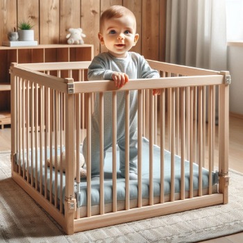 Staande baby in een in hoogte verstelbare babybox